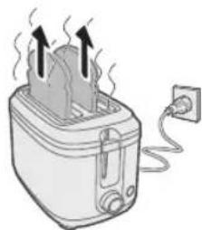 Illustration of a toaster with steam rising from its side, connected to an electrical outlet (no text or symbols)