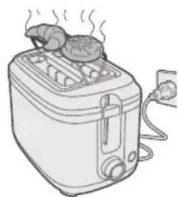 Line drawing of a toaster with two food items on top, emitting steam (no text or symbols)