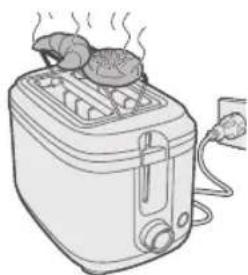 Line drawing of a toaster with two food items on top, no text or symbols present