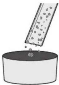 Illustration of a test tube dispensing granular material into a cylindrical container (no text or symbols)