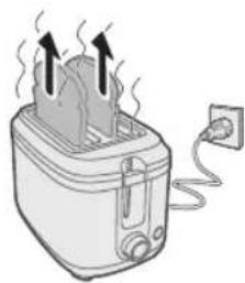 Line drawing of a toaster with steam rising from its side, connected to an electrical outlet (no text or symbols)