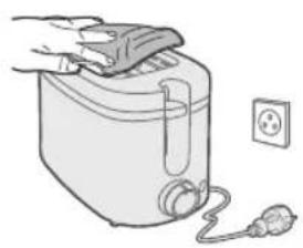 Line drawing of a toaster with a power cord and electrical outlet (no text or symbols)
