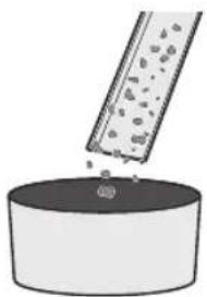 Simple illustration of a test tube dispensing granular material into a cylindrical container (no text or symbols)
