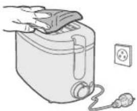 Illustration of a hand holding a toaster with a power cord, next to an electrical outlet (no text or symbols)