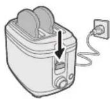 Illustration of a toaster with two round tops and a power outlet, showing a cable being inserted (no text or symbols)