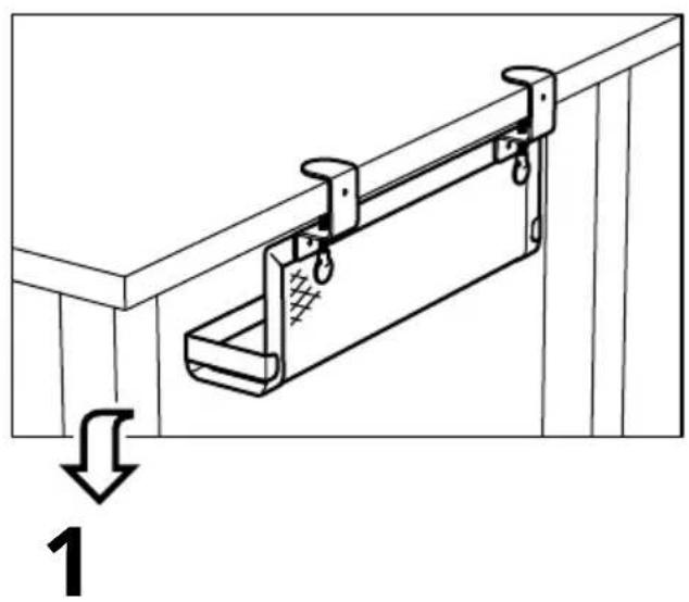 Dessin technique d'un assemblage de loquet ou de levier monté sur une poutre en bois, avec une flèche vers le bas étiquetée '1' pointant vers lui (sans texte ni symboles au-delà de l'étiquette)