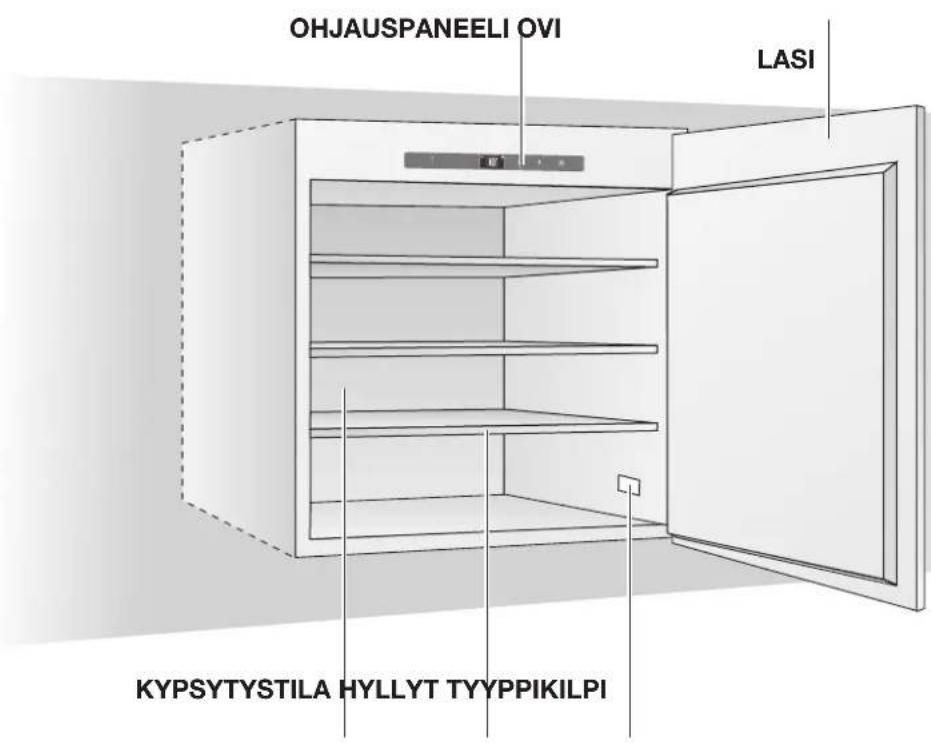 Ohjauspaneeli, ovi, lasi, kypsytystila, hyllyt, tyyppikilpi