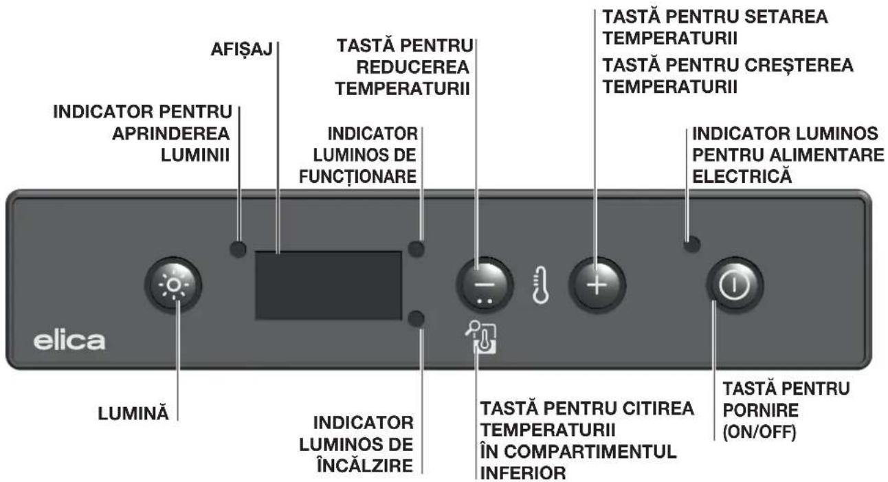 TASTĂ PENTRU SETAREA TEMPERATURII TASTĂ PENTRU CREȘTEREA TEMPERATURII INDICATOR PENTRU APRINDEREA LUMINII TASTĂ PENTRU REDUCEREA TEMPERATURII INDICATOR LUMINOS DE FUNCȚIONARE TASTĂ PENTRU CITIREA TEMPERATURII ÎN COMPARTIMENTUL INFERIOR INDICATOR LUMINOS PENTRU ALIMENTARE ELECTRICĂ ELICA LUMINĂ INDIC…