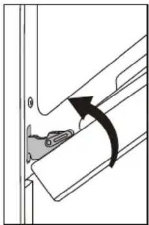 Diagram of a door handle mechanism with an arrow indicating clockwise motion (no text or symbols)