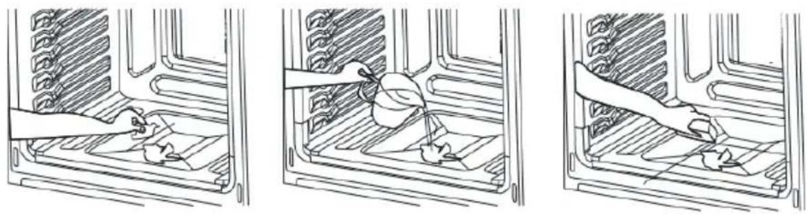 Three-panel line drawing showing a kitchen interior with a hand holding a tool, a bowl of food inside, and a tray with a handle (no text or symbols)