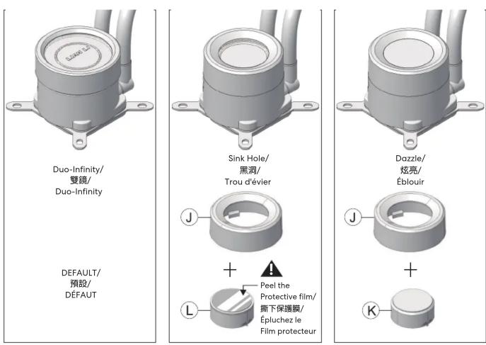 Duo-Infinity/ 雙錫/ Duo-Infinity DEFAULT/ 預設/ DÉFAUT Sink Hole/ 黑洞/ Trou d'évier + Peel the Protective film/ 撕下保護膜/ Épluchez le Film protecteur Dazzle/ 炫亮/ Éblour + K