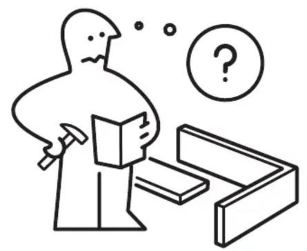 Simple line drawing of a person examining a book with a hammer, thinking bubble, and question mark (no text or symbols)