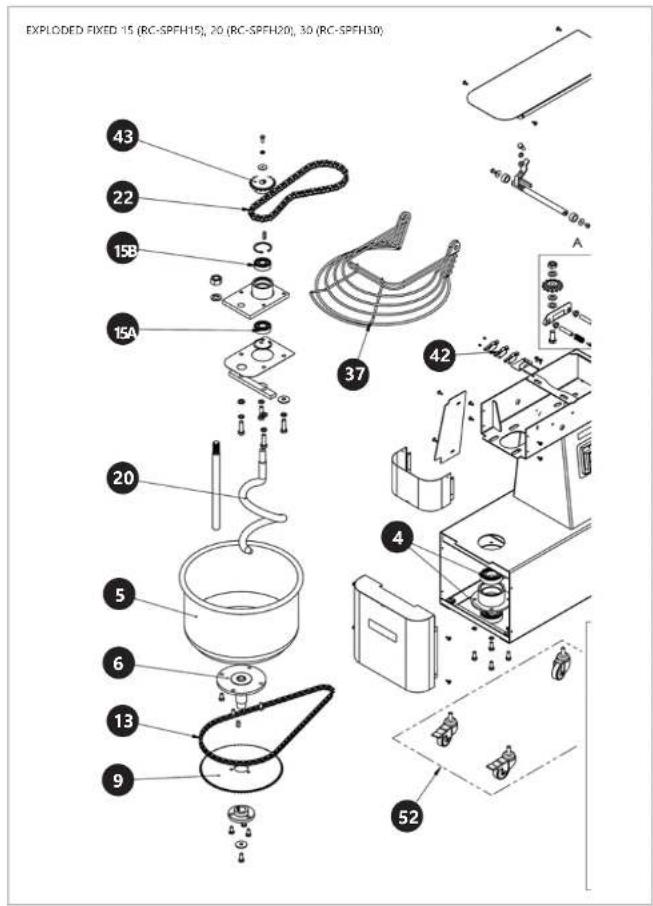 EXPLODED FIXED 15 (RC-SPFH15), 20 (RC-SPFH20), 30 (RC-SPFH30) 43 22 15B 15A 37 42 20 5 6 13 9 52