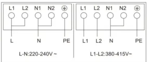 L1 L2 N1 N2 L N PE L-N:220-240V ~ L1 L2 N1 N2 L1 L2 N PE L1-L2:380-415V~