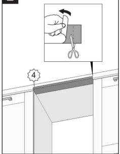 Schéma montrant une main utilisant un outil pour couper une boîte sur un meuble, avec une étiquette numérotée et une flèche d'instruction.