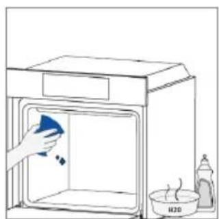Simple line drawing of a kitchen oven with a hand cleaning it, no text or symbols present.
