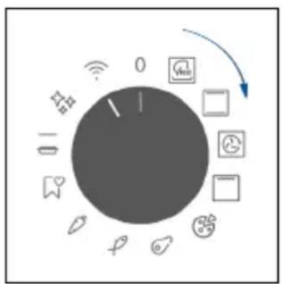 Diagram showing a circular device with icons for wireless, audio, and other functions around it, including a blue arrow indicating rotation.