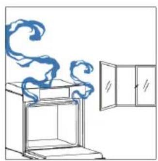 Simple line drawing of a cabinet with swirling smoke rising from the top, next to an open door (no text or symbols).
