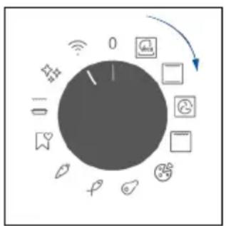 Diagram showing a circular device with icons for signal, Wi-Fi, app icons, and control buttons, indicating a status or operation.