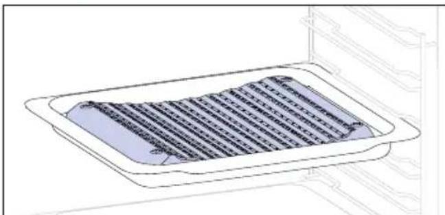 Technical line drawing of a rectangular tray with horizontal slats inside, mounted on a shelf.