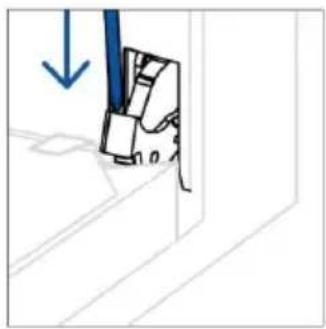 Pure technical diagram showing a mechanical component with a blue arrow indicating downward motion, no text or symbols.
