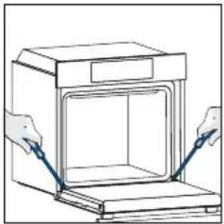 Line drawing of a door opening with two hands inserting a blue clip (no text or symbols)