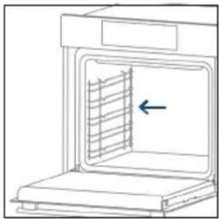 Line drawing of an oven with a rack inside, showing airflow direction.