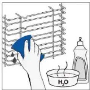 Illustration of a hand cleaning a rack with a blue cloth, next to a water bottle and a bowl labeled H₂O.
