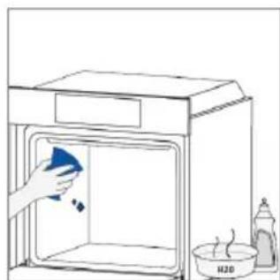 Simple line drawing of a kitchen sink with a hand cleaning the interior (no text or symbols).