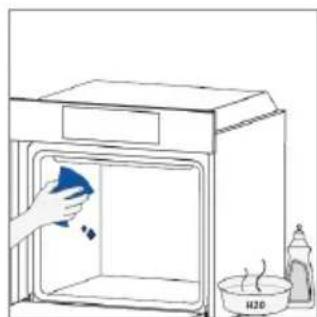 Simple line drawing of a kitchen sink with a hand cleaning it, and a bottle pouring liquid into a bowl (no text or symbols)