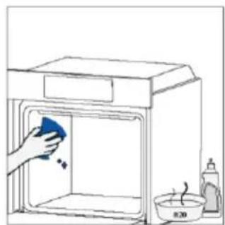 Simple line drawing of a kitchen sink with a hand cleaning the interior and a bottle nearby (no text or symbols)