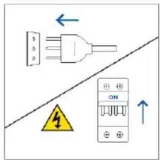 Electrical warning symbol and wiring diagram showing a plug, ON panel, and warning sign with lightning symbol.