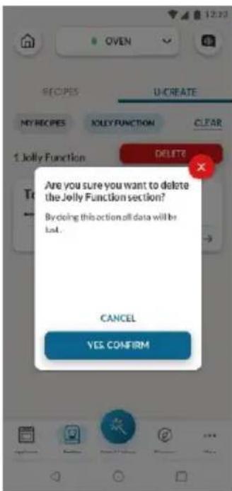 OVEN. U-CREATE. MY RECIPES. KILLYFUNCTION. CLEAR. 1 Jolly Function. DELETE. Are you sure you want to delete the Jelly Function section? By doing this action all data will be bad. CANCEL. YES CONFIRM