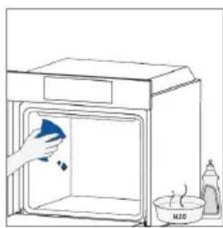 Line drawing of a kitchen oven with a hand cleaning it and a water bottle nearby; no text or symbols.