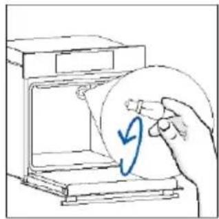 Hand holding a circular object with a blue arrow inside, next to an open device (no text or symbols visible)