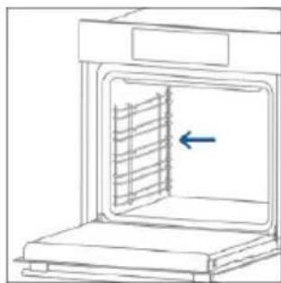 Line drawing of an oven with a blue arrow indicating direction.