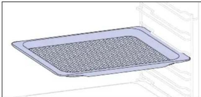 3D rendering of a rectangular tray with a mesh pattern inside, placed on an open shelf.