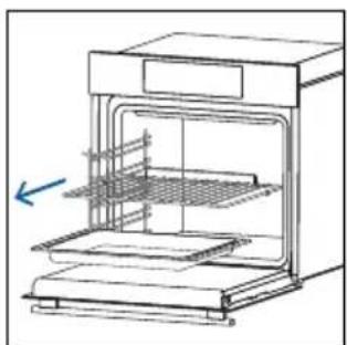 Line drawing of an oven with a blue arrow indicating direction (no text or symbols)