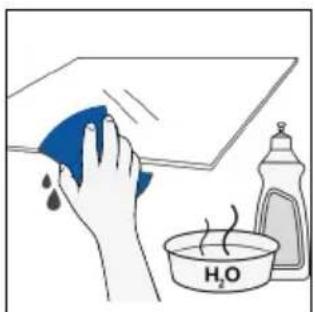 Illustration of a hand cleaning a blue cloth over a surface with a water bottle and beaker (no text or symbols)