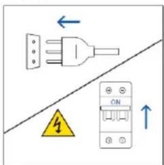 Electrical warning symbol diagram showing a plug, safety warning sign, and ON/OFF switch with directional arrows.