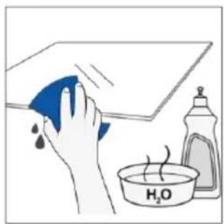 Illustration of a hand cleaning a surface with a blue cloth and a water bottle, showing a steaming dish labeled H₂O (no text or symbols on the main image)