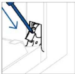 Simple line drawing of a tool interacting with a wall-mounted device.