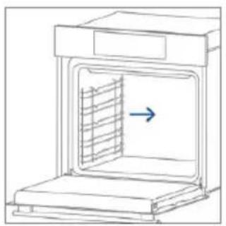 Line drawing of an oven with a vent and airflow direction arrow (no text or symbols).