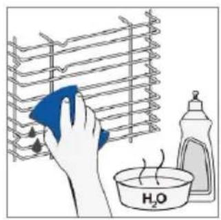 Illustration showing a hand cleaning a rack with a blue cloth, next to a water bottle labeled H₂O and a bowl of liquid.