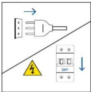 Safety warning diagram showing a plug with fuse and a switch labeled 'OFF' with warning symbol.