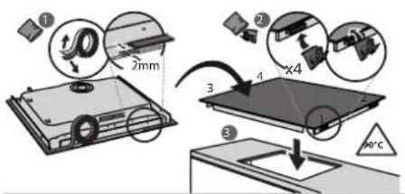 Diagram illustrating a mechanical assembly process with labeled parts and dimensions, including a 2mm component and a 4x4 x4 coordinate system.