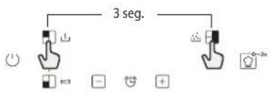 graph TD A["Hand icon"] --> B["Control buttons"] B --> C["3 seg."] C --> D["Hand icon with light bulb symbol"]