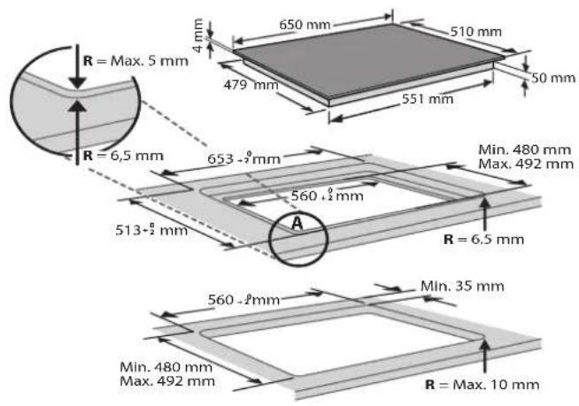 R = Max. 5 mm 4 mm 650 mm 510 mm 479 mm 551 mm 50 mm R = 6,5 mm 653 - 2 mm Min. 480 mm Max. 492 mm 560 - 2 mm A 513 - 2 mm R = 6,5 mm 560 - 2 mm Min. 35 mm Min. 480 mm Max. 492 mm R = Max. 10 mm