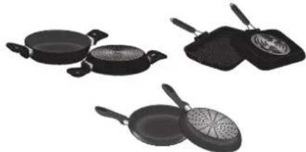 Three kitchen utensils: three black frying pans and one with a wok (no text or symbols visible).