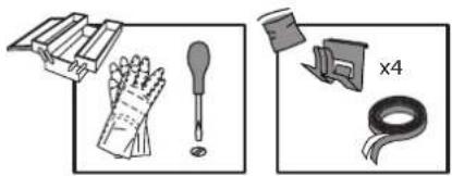 Illustration of hand tools including gloves, screwdriver, and tape (no text or symbols)